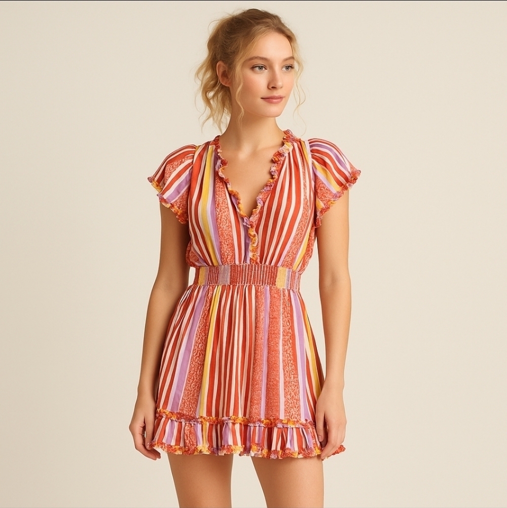 Poupette St Barth Amber Mini Dress XS Handmade Boho Resort Dress Stripe Ruffles